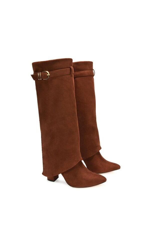XY LONDON Fold Over Boots Block Heel Buckle Point Toe