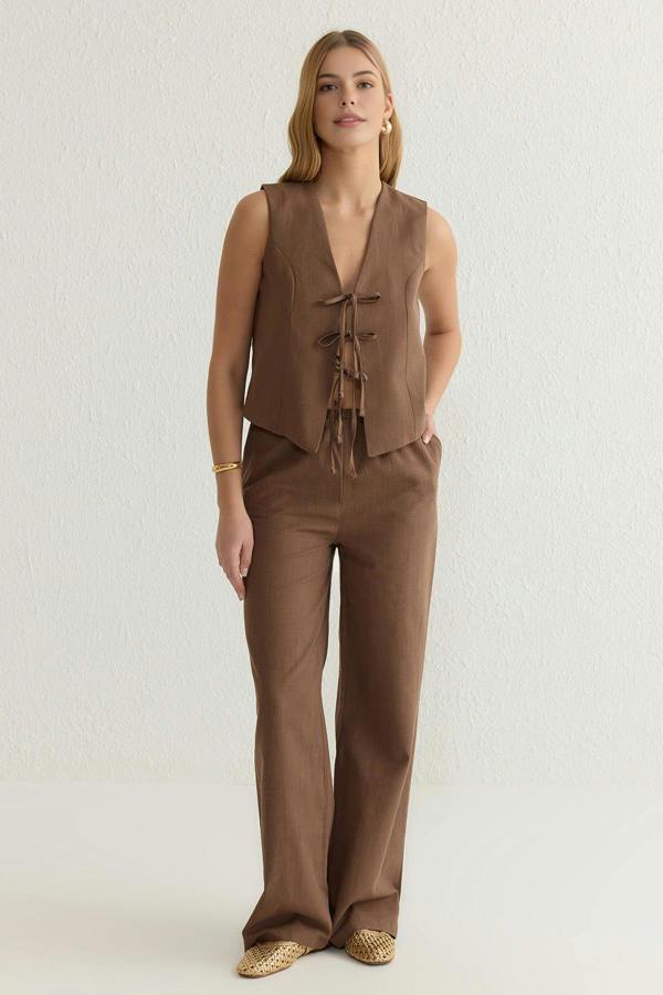 WOVCOR 2-Piece Tie-Front Linen-Look Blouse & Wide Leg Woven Pants Set