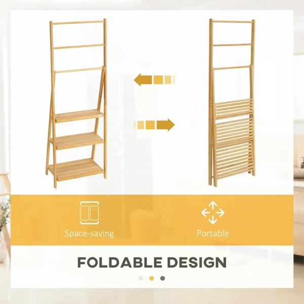 Foldable bamboo towel rack design with multi-bar frame and slatted shelf support