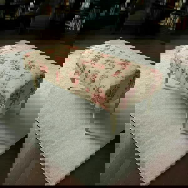 Modern rectangular vanity bench with multi-toned abstract fabric and wooden legs