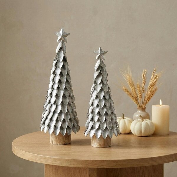 Garden Greatness Silver Leaf Metal Tree Pair on Wooden Logs