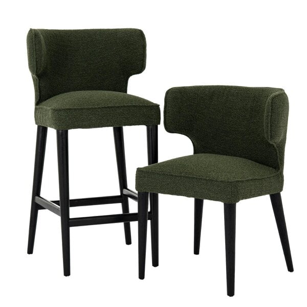 Wyld Haus Mirmande Mid Century Upholstered Curved Green Dining Chair with Wooden Legs