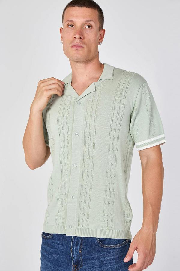 Sage Green Textured Knitted Button-Through Polo Shirt