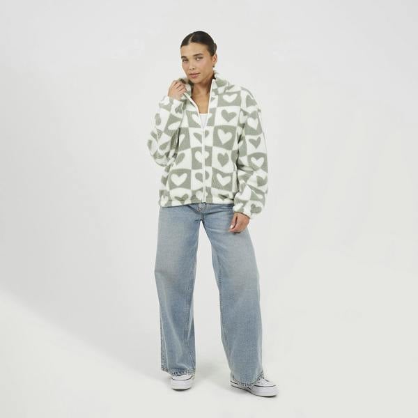 Brave Soul Green Heart Print Zip Through Sherpa Fleece - Green Image 3