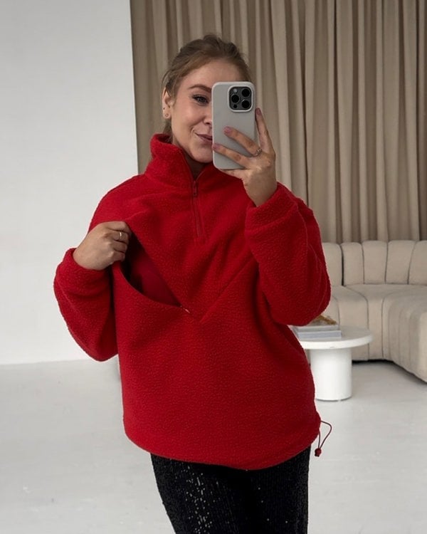 Pretty Mama Cosy Quarter Zip Oversized Breastfeeding Fleece - Holly Red