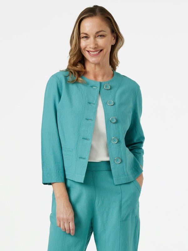 PennyPlain Linen Blend Crop Jacket - Sea Green