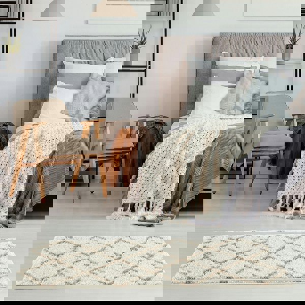 Diamond Design Thick Shaggy Area Rugs Ivory Beige