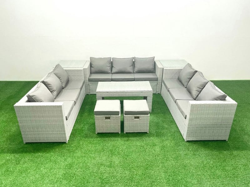 Fimous Rattan Garden Outdoor Furniture Set 11 Seater Garden Sofa Oblong Coffee Table Set with 2 Small Footstool 2 Side Tables Light Grey Mixed