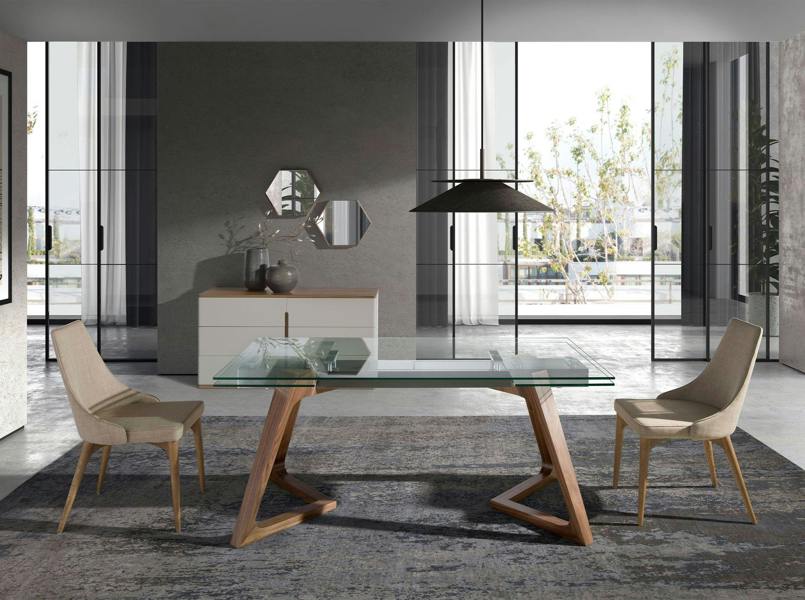 Angel Cerdá Rectangular tempered glass and walnut extending dining table 1115