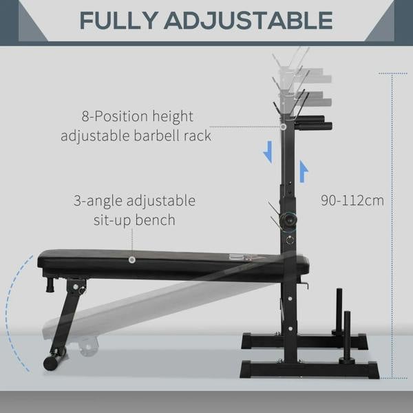Black fully adjustable weight bench with multi-position barbell rack