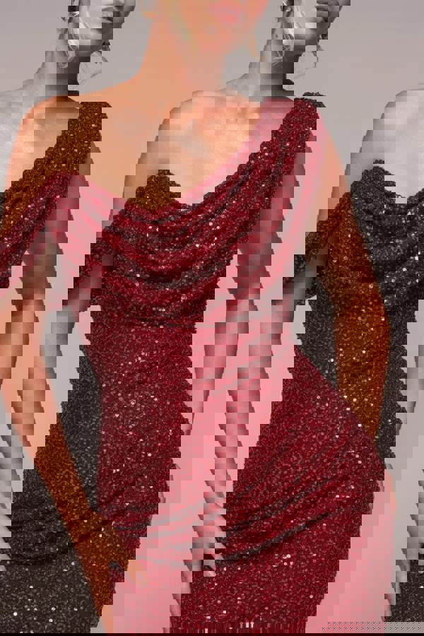 Sequin Cowl One Shoulder Midi Dress - Wine DR4529