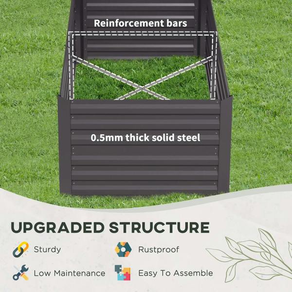 Dark grey steel raised bed planter with reinforcement bars and slatted panels