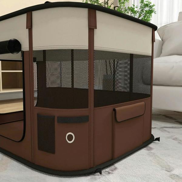 Brown outdoor pet pen with mesh panels and side door opening; compact foldable design