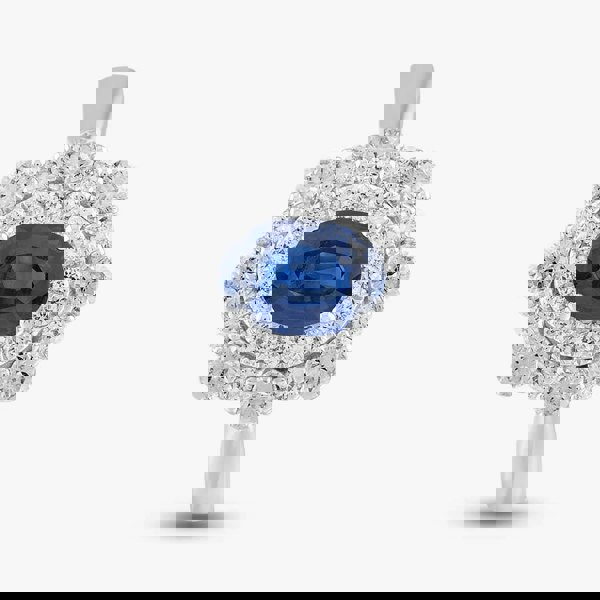 T. H. Baker 18ct White Gold 0.91ct Oval Cut Sapphire & 0.82ct Brilliant Cut Diamond Double Halo Ring 1518173 18KW M