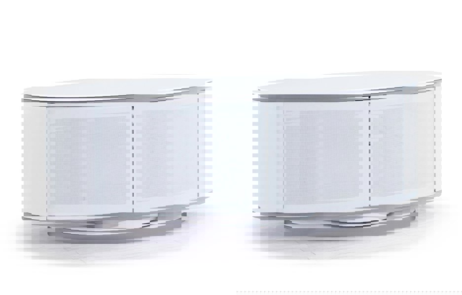 MDA Designs LUNA Gloss White Oval Cabinet with White Profiles White BeamThru Glass Doors Suitable for Flat Screen TVs up to 50"