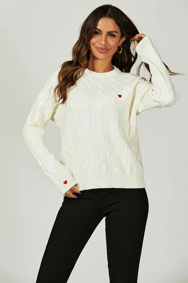 FS Collection Heart Embroidery Jumper Top In Cream