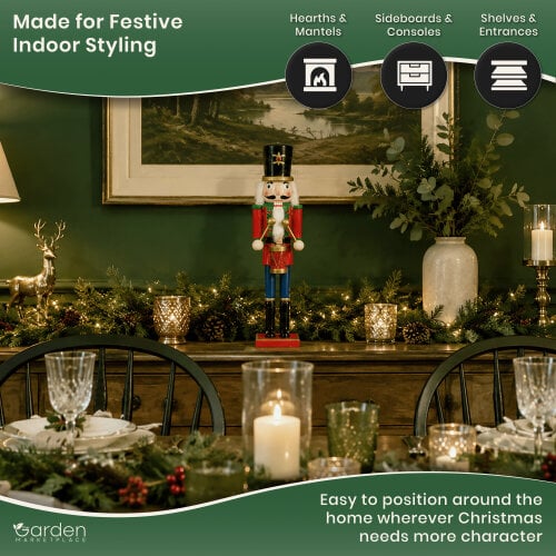 Large Christmas Nutcracker Figure, 50cm Tall Traditional Design in Red Coat and Black Hat, Indoor Festive Decoration Focal Point