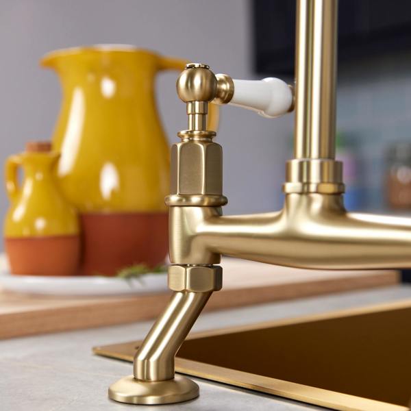 Flode Larvik | Kitchen Dual Lever Bridge Mixer Tap | Brushed Brass Finish