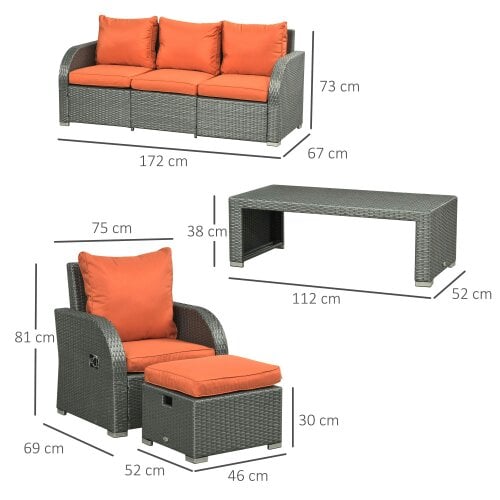Wyld Haus Lerami Rattan Orange 7 Seater Outdoor Garden Furniture Set Sofa Reclining Armchairs and Footstool