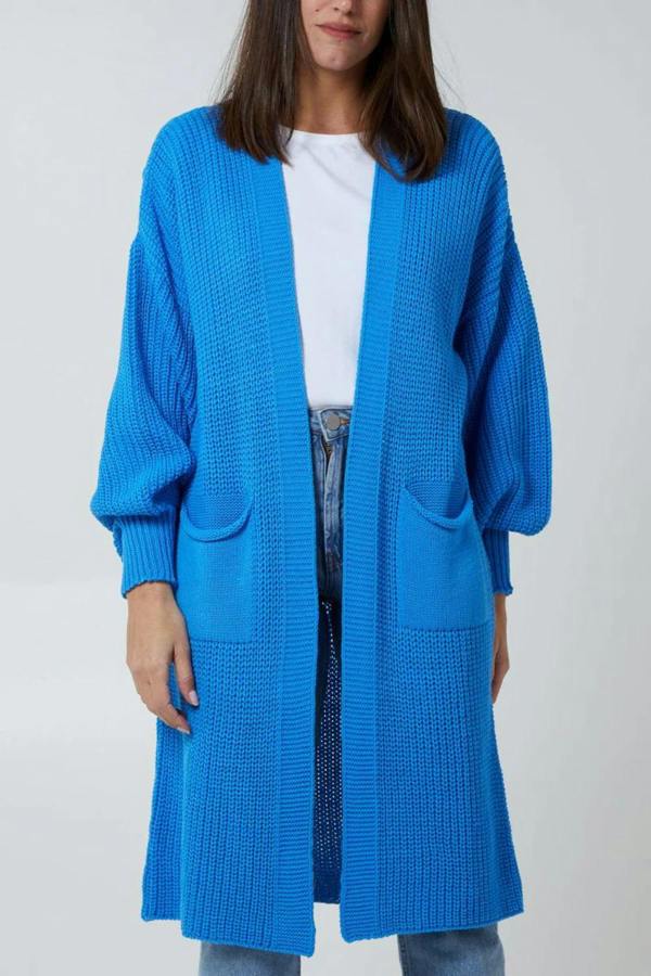 Hoxton Gal Oversized Long Sleeves Midi Knitted Cardigan with Pocket Details in Blue