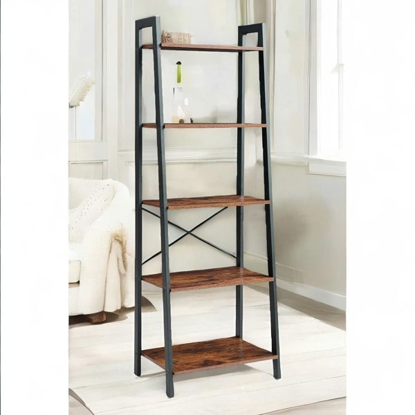 Rafaelo Mobilia 5 Tier Free Standing Ladder Shelf For Living Room Storage Rustic Brown