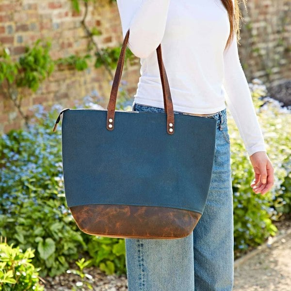 Paper High Buffalo Leather And Blue Canvas Tote Bag