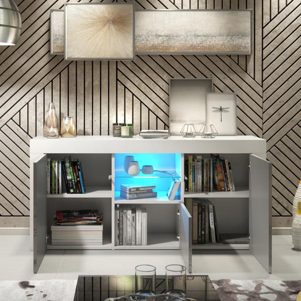 Mex Furniture Modern 145cm TV Unit, Cabinet Stand & with Grey Gloss Doors & Free LED