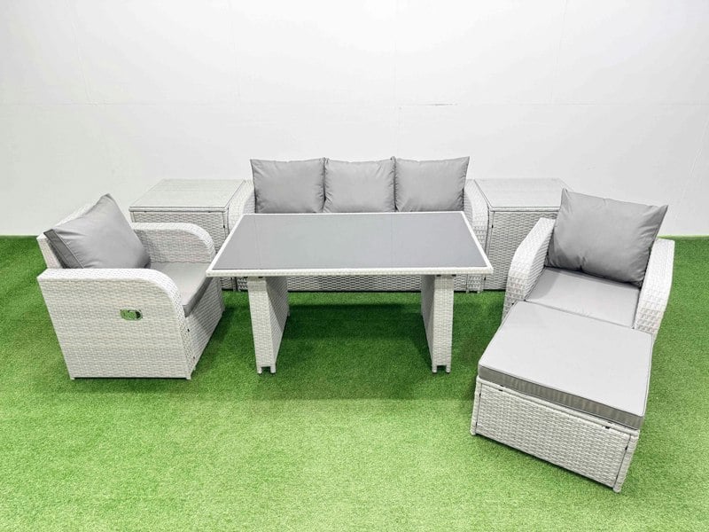 Fimous Outdoor Rattan Garden Furniture Dining Set 6 seater Patio Rectangular Table 3 Seater Sofa Reclining Chair Set with 2 Side Tables Big Stool