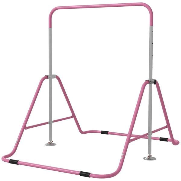 Pink kids gymnastic bar with two foldable side frames and low horizontal bars