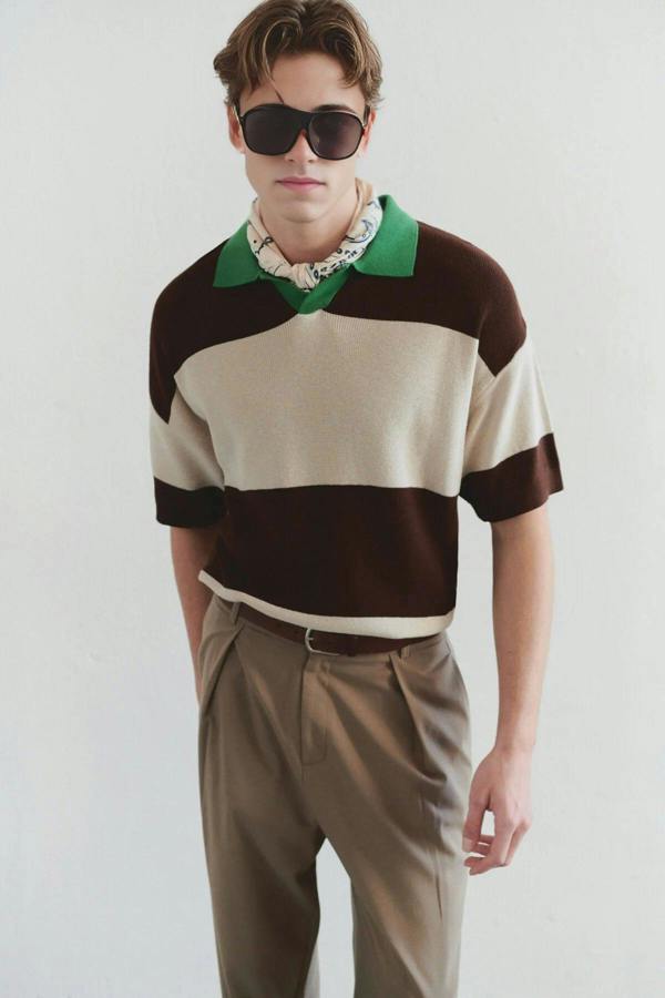 WOVCOR Oversize Color-Block Knit Polo Neck Men's T-shirt