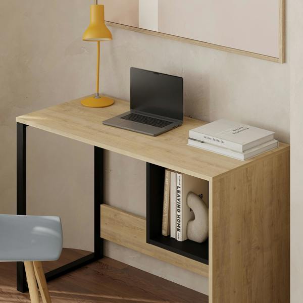 Decortie Model-4 110(W)cm Computer Desk Oak, Black Wood Workstation PC Work Table Office Gaming Desk Shelf with Black Metal Leg