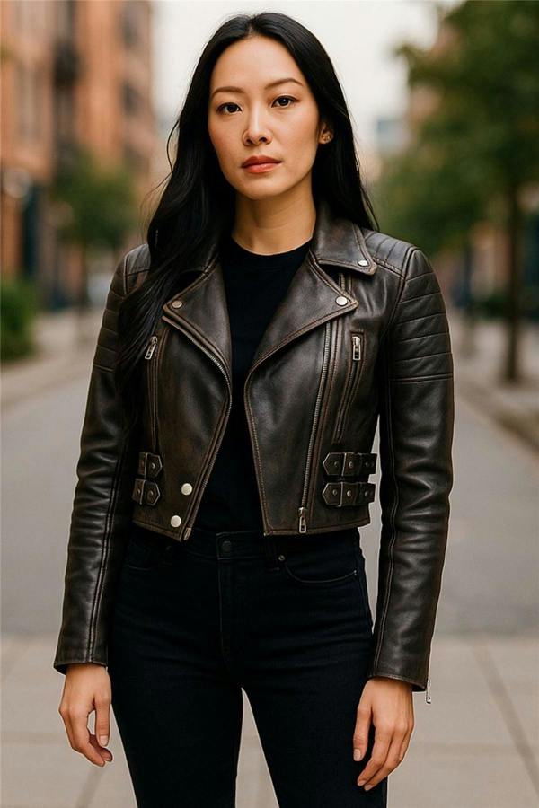 Infinity Leather Womens Cropped Brando Leather Biker Jacket-Damascus