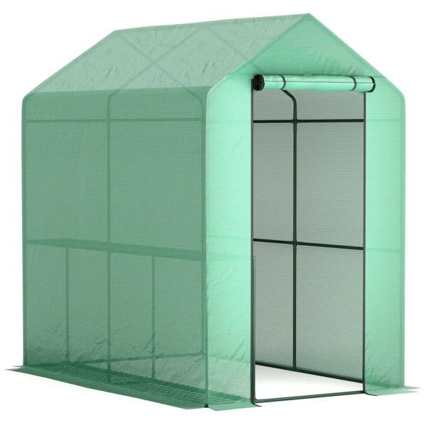 Green walk-in greenhouse with clear panels and open door frame