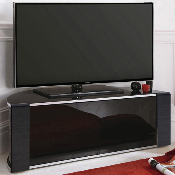 MDA Designs Sirius 850 Remote Friendly BeamThru Glass Door Gloss Black with Silver Trims Cabinet up to 40" LCD/Plasma/LED TV Stand