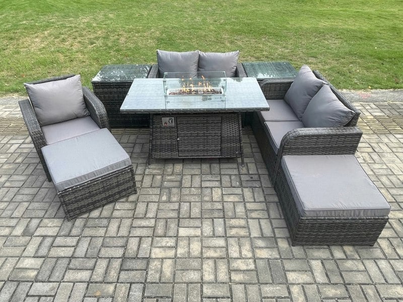 Fimous Outdoor Rattan Sofa Dining Set | Gas Fire Pit Table, Reclining Chair, 2 Side Tables, 2 Footstools | Dark Grey
