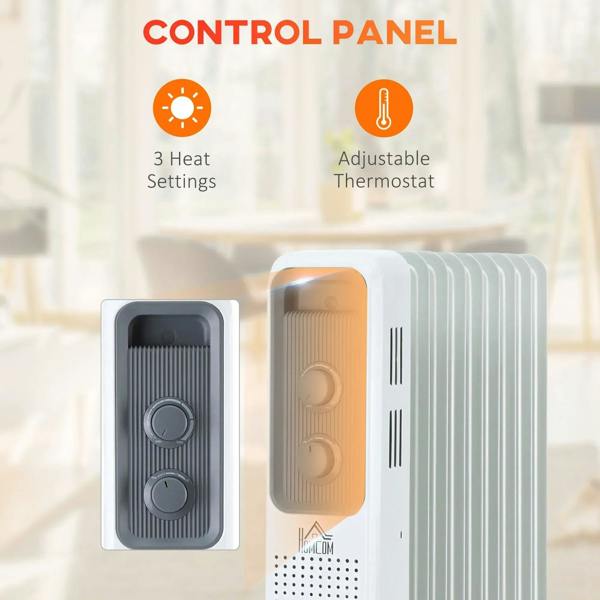 White oil-filled radiator control panel with heat selector and thermostat-style knob.
