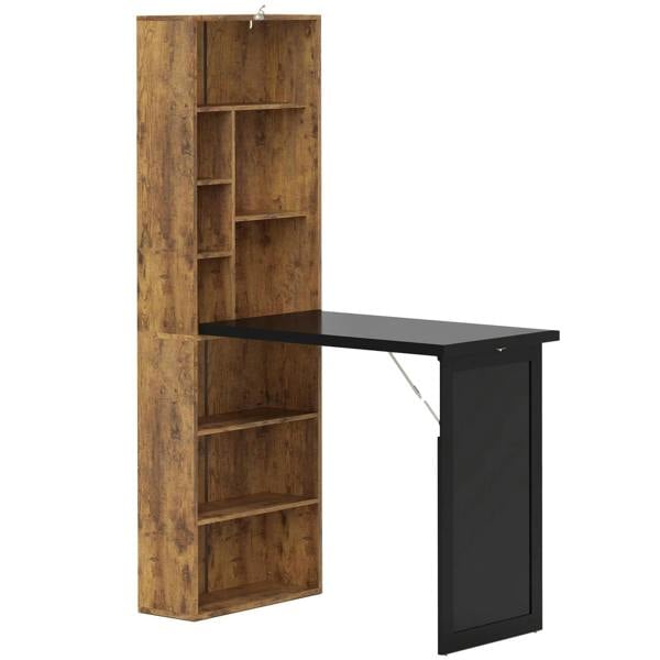 Rustic brown folding desk with black work surface and vertical side shelves
