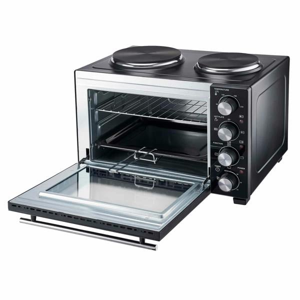 Cooks Professional 28L Mini Oven with 2 Hobs | Black / Silver