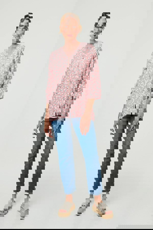 Pink | Ditsy Floral 3/4 Sleeve Curve Hem Top
