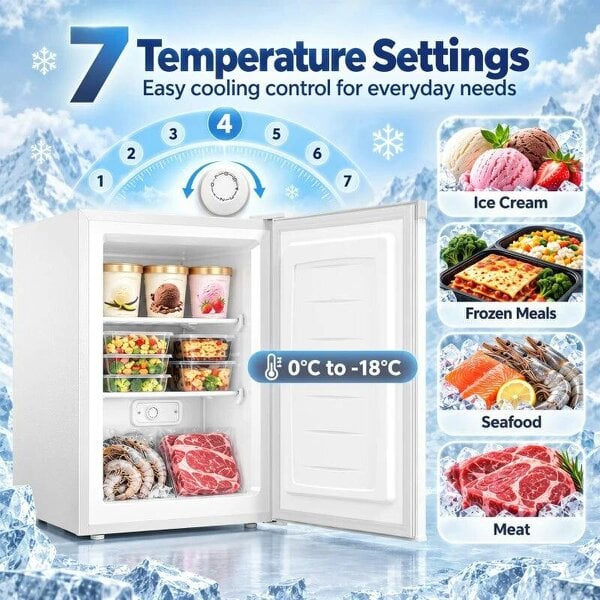 85L Mini Freezer Countertop, Compact Freestanding Upright Freezer with Reversible Door, Removable Glass Shelves, White
