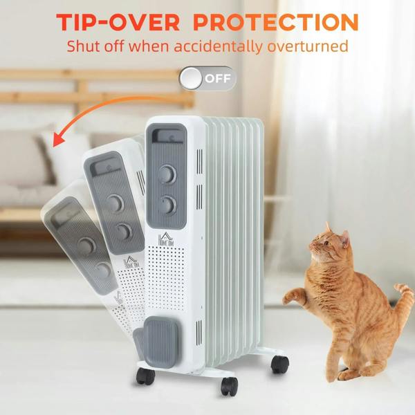 White oil-filled radiator heater on wheels with tilt-protection switch area shown.