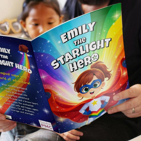 A close-up lifestyle shot of an adult holding open the Personalised Starlight Hero Story Book for Girls from Abode Home & Gifts, showing the front cover titled Emily The Starlight Hero and a sneak peek at the text on the back cover.