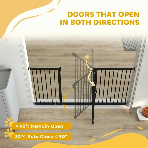 Black safety gate with door open in both directions, vertical bars and latch