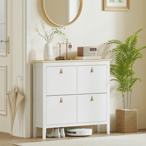 Wyld Haus Milese Wooden White and Natural Modern 4 Drawer Shoe Cabinet Faux Leather Handles
