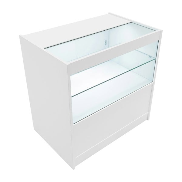 White LED retail shop counter C900 with a sleek design, glass display shelves, and a modern finish, ideal for showcasing products