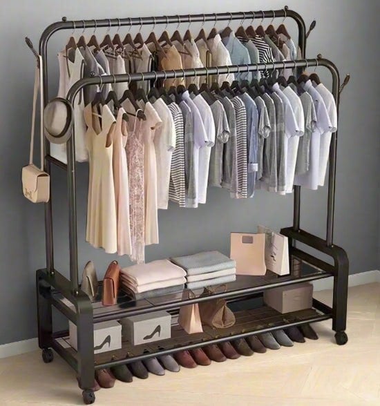 Modcraft Black Heavy Duty Double Rail Clothes Rack – Garment Hanging Stand with Wheels
