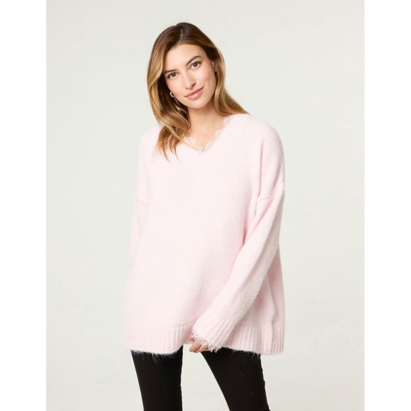 Blue Vanilla Lace Trim V Neck Jumper
