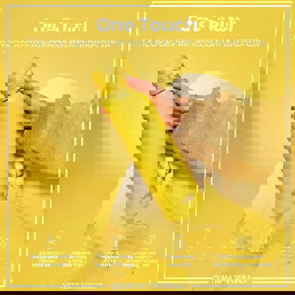 A yellow ION8 water bottle is held; its flip top opens one-handed. The context is a yellow background; text highlights features. "One Touch. Flip top opens one-handed with a simple click." "Flips open with a simple click. One-handed use on the go. Triple lock security. 100% leak proof - no twisting, no leaks." "QUENCH THERMAL"