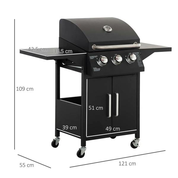 Black gas grill on wheeled trolley with open lid, thermometer, and front storage doors