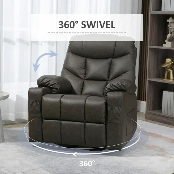 Dark faux leather recliner chair with cushioned back and 360 swivel base